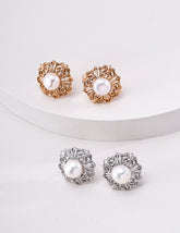 Antique Gold Hollow Floral Pearl Stud Earrings