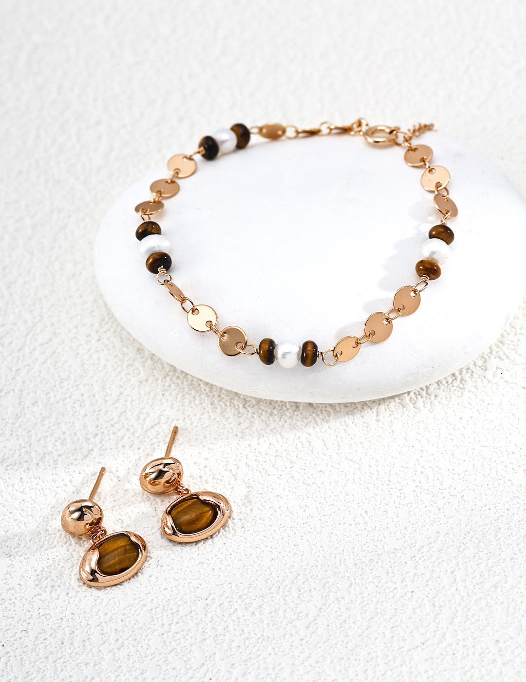 S925 Sterling‑Silver "Golden Glimpse" Tiger’s Eye & Natural Pearl Bracelet, Vintage Gold Tone