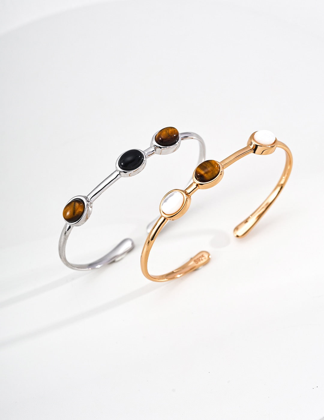 S925 Sterling‑Silver Tiger’s Eye & White Shell Spliced Bracelet