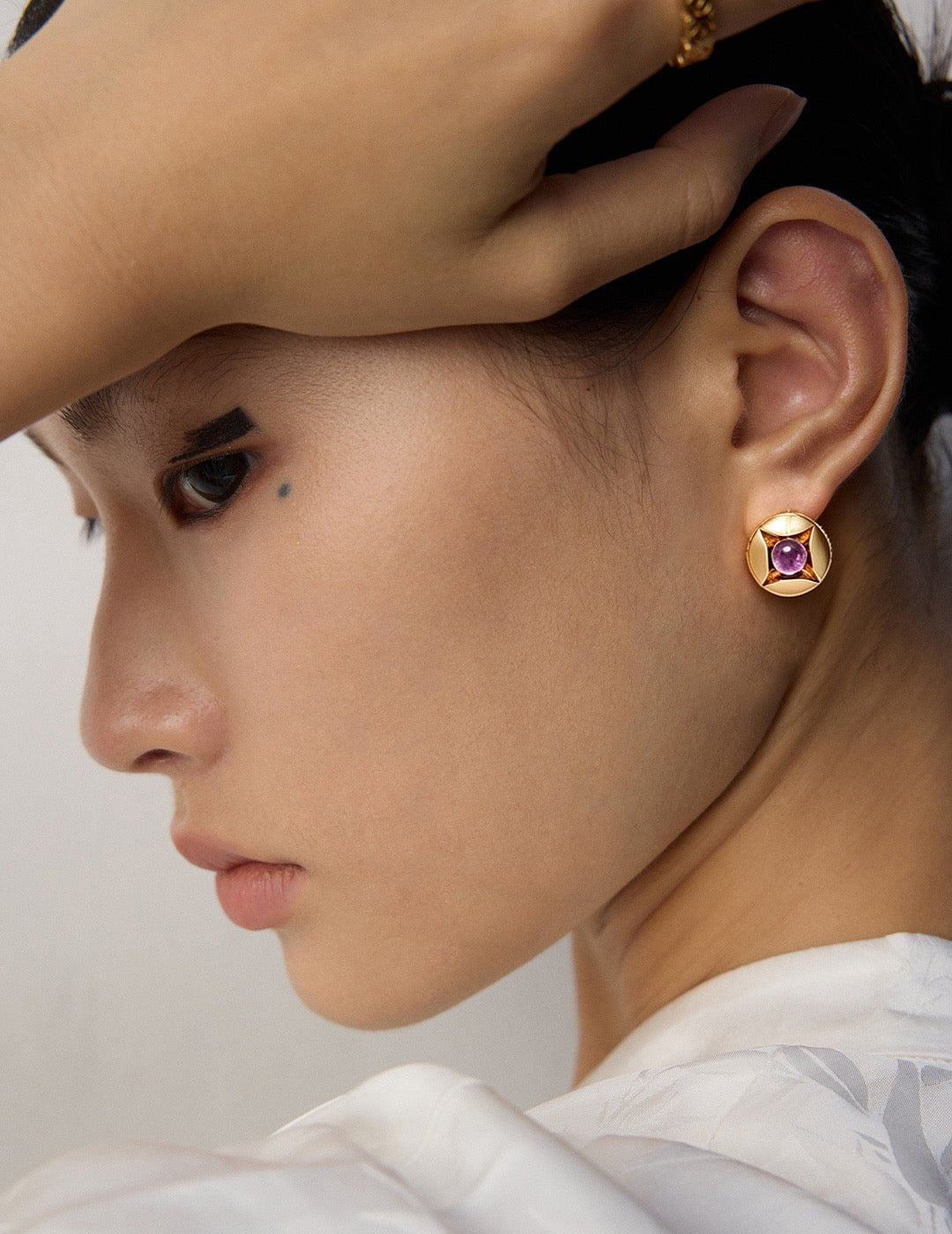 Vintage Four Pointed Star Amethyst Stud Earrings, Gold Plated Solid S925 Silver, Retro Round Gemstone Studs