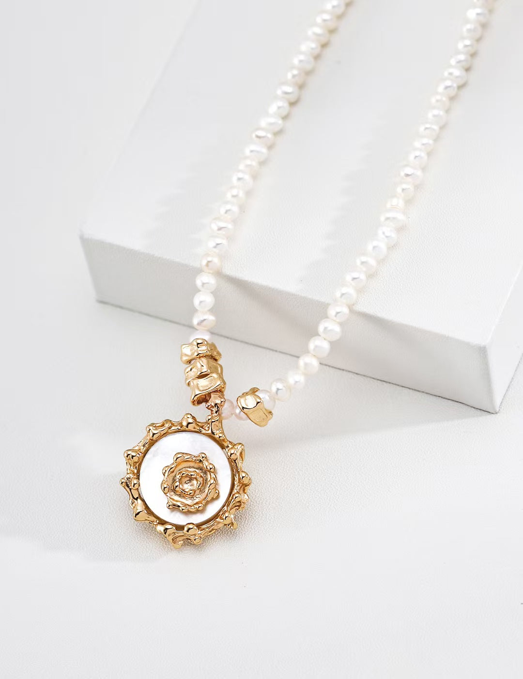 Sun Motif Mother-of-Pearl Necklace, Molten Irregular Silver with Natural Pearls & White Shell