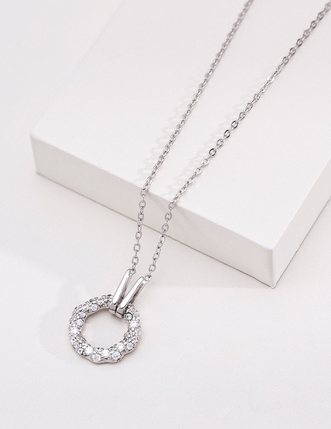 Hollow Circle CZ Pendant Necklace, Silver Tone / Vintage Gold, Minimalist Dainty Jewelry