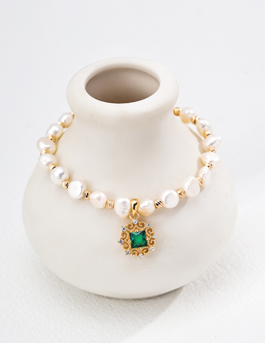 S925 Sterling‑Silver French‑Court‑Style Lace Natural Pearl Bracelet with Green Cubic Zirconia she