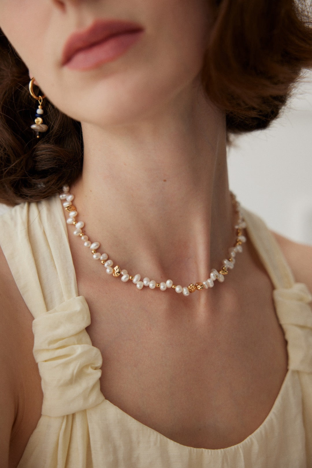 Natural Pearl Gold‑Tone Beaded Necklace, Dainty Layering Choker for Women