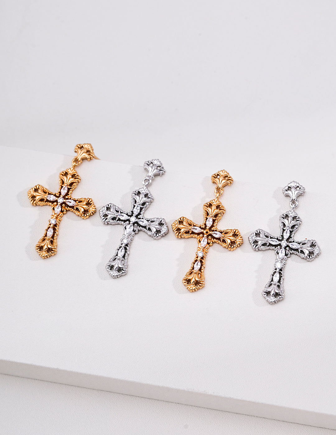 S925 Sterling‑Silver Gothic Tracery Cross Drop Earrings