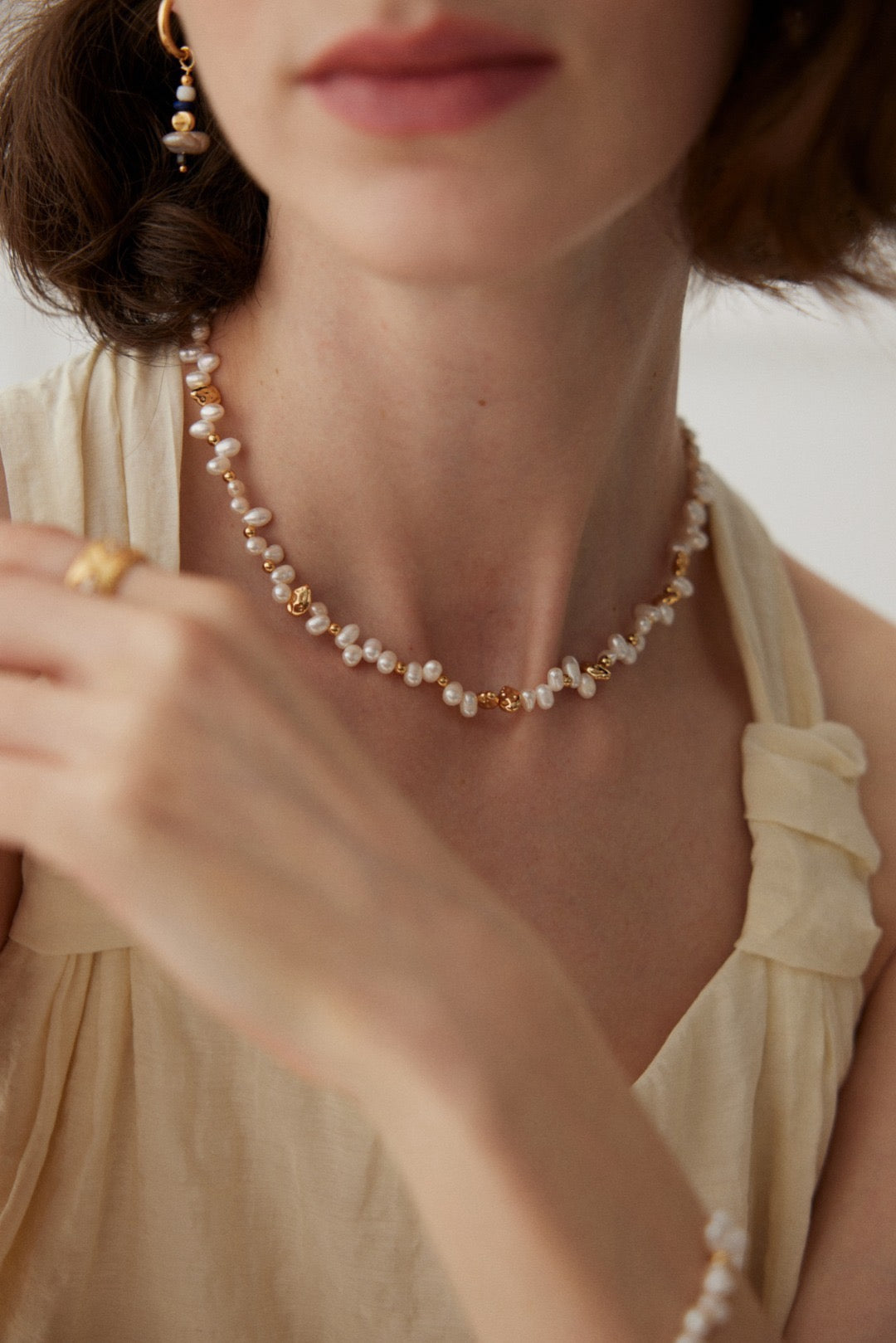 Natural Pearl Gold‑Tone Beaded Necklace, Dainty Layering Choker for Women