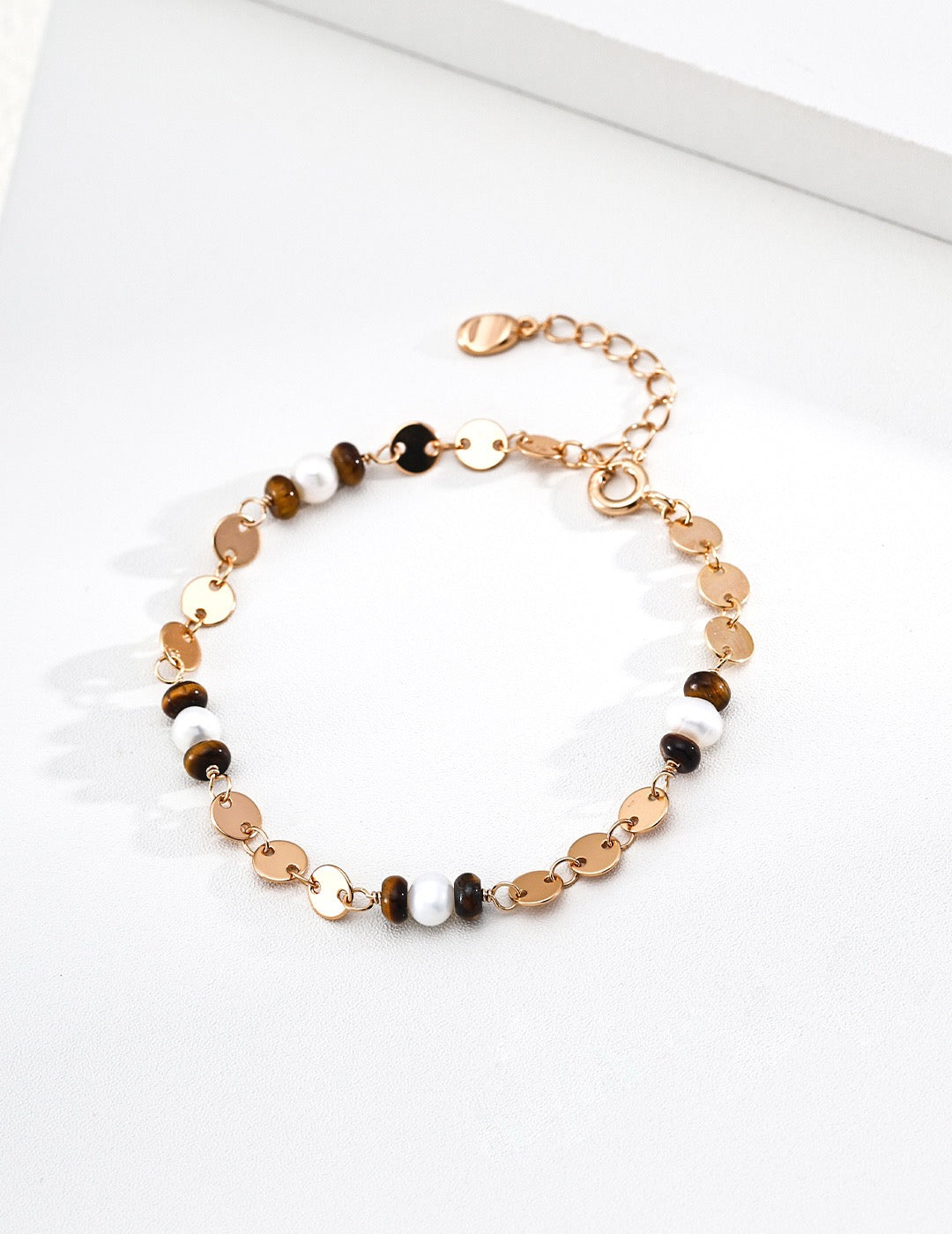 S925 Sterling‑Silver "Golden Glimpse" Tiger’s Eye & Natural Pearl Bracelet, Vintage Gold Tone