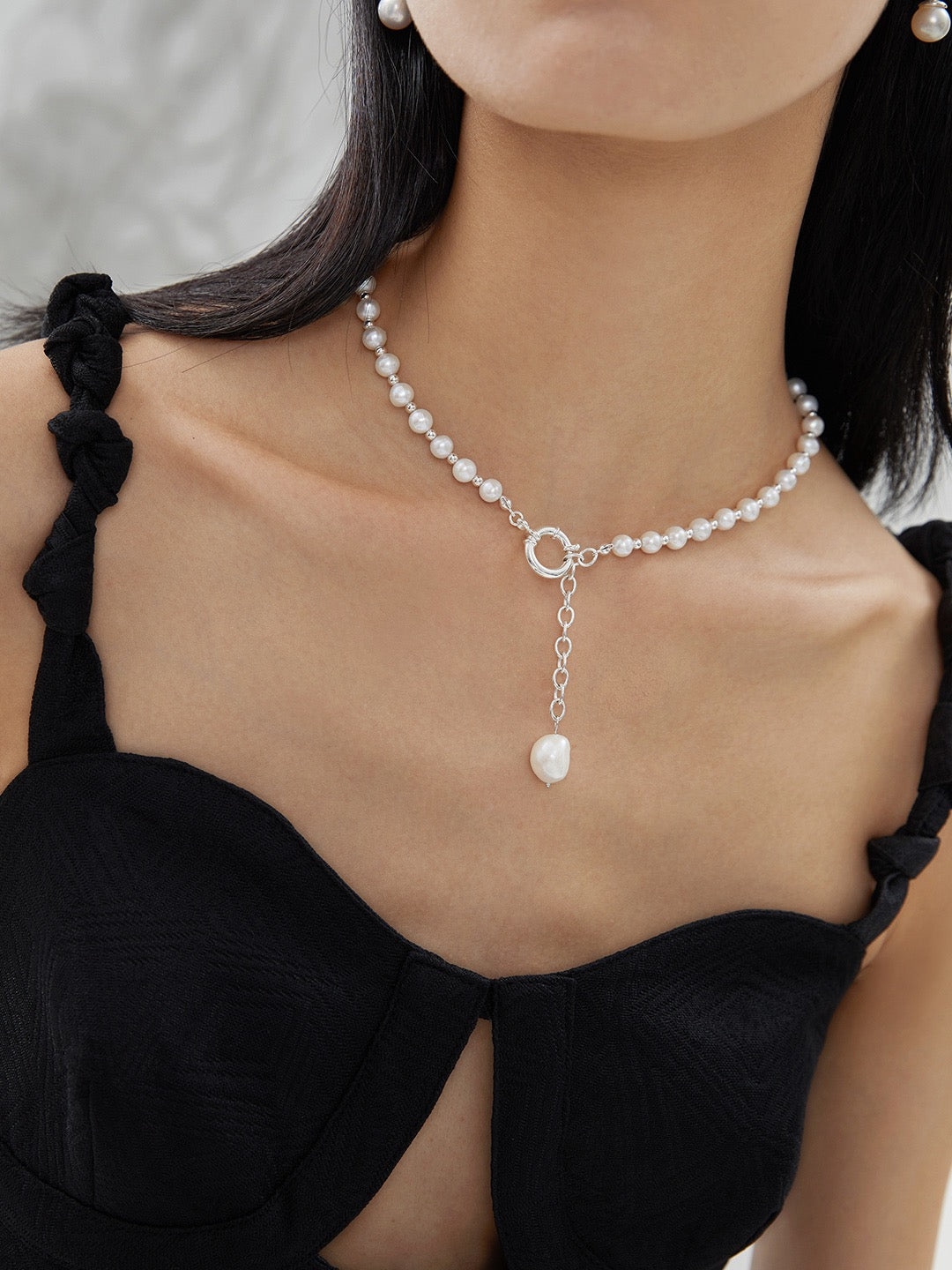 S925 Silver Pearl Reset Series Gold‑Bead Spaced Pearl Choker Necklace
