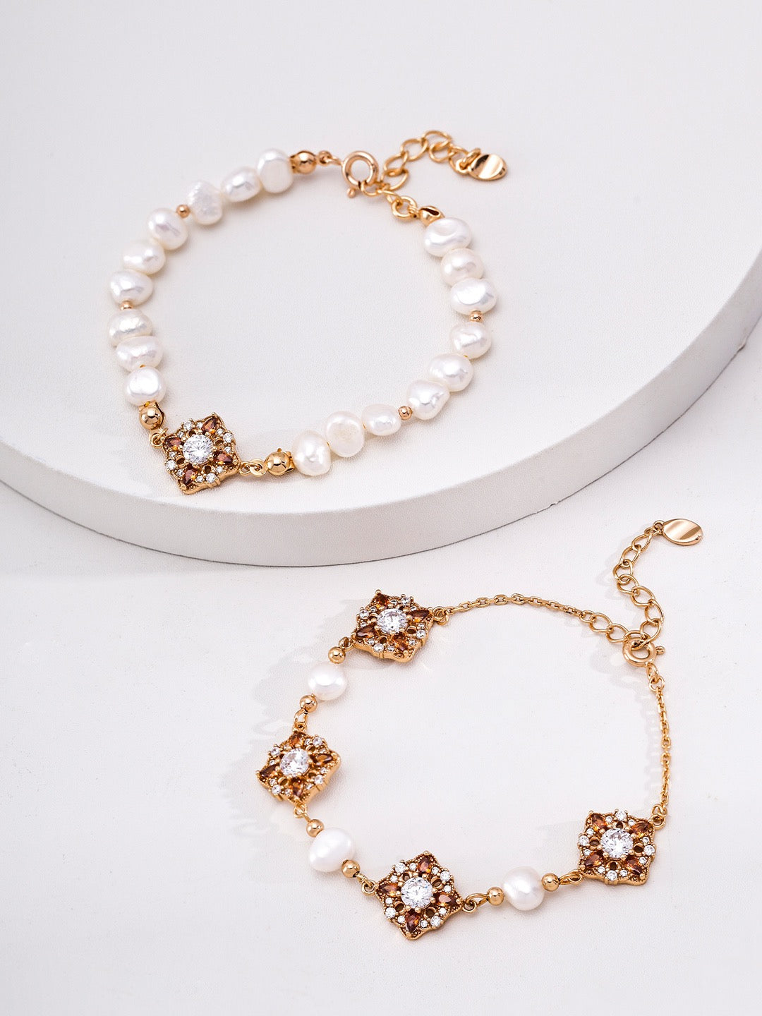 S925 Sterling‑Silver Treasure‑Blossom Cluster Pearl Bracelet With Garnet‑Tone Cubic Zirconia