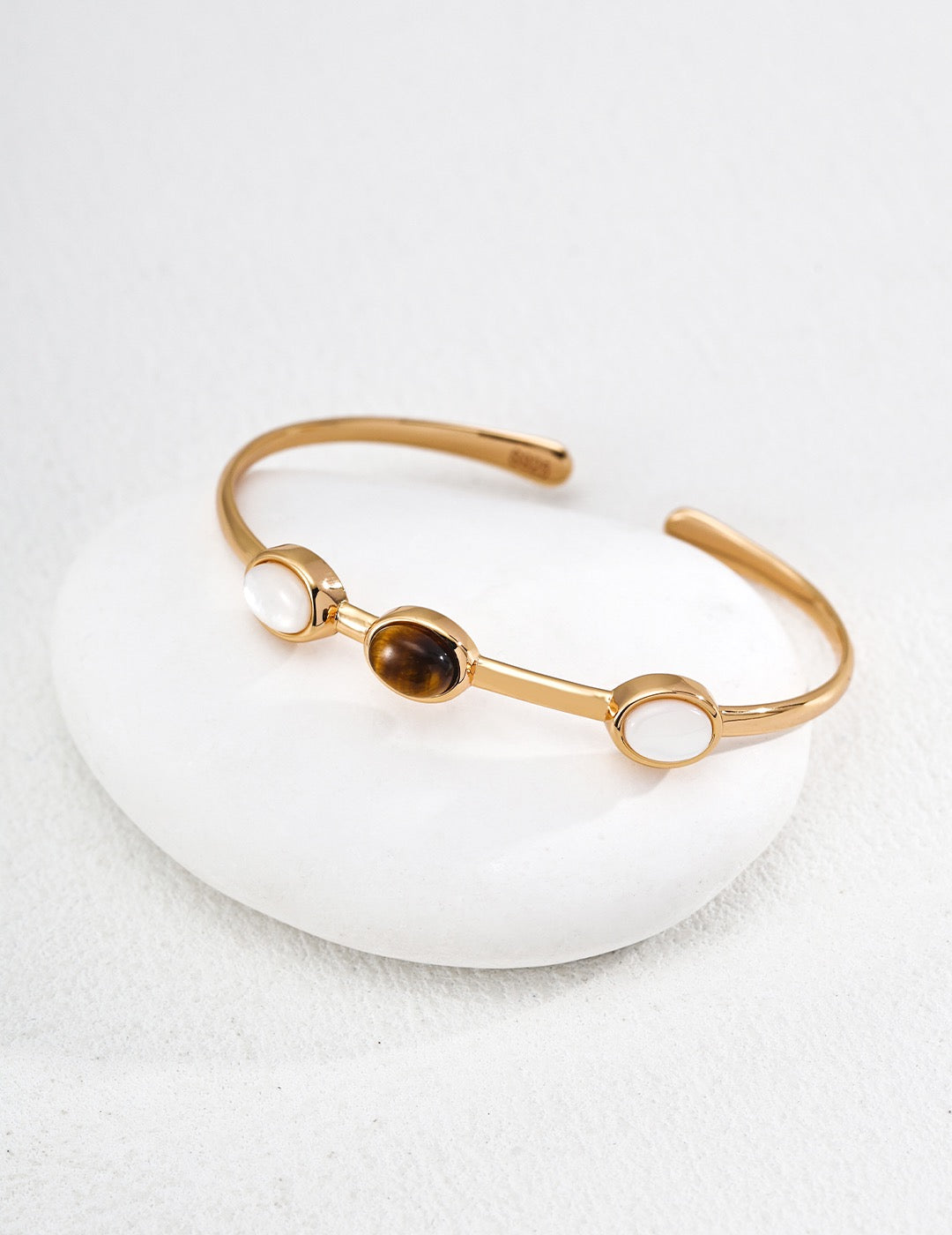S925 Sterling‑Silver Tiger’s Eye & White Shell Spliced Bracelet