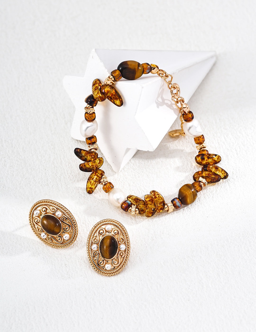 S925 Sterling‑Silver Vintage Bracelet, Natural Pearl, Czech Glass & Tiger’s Eye