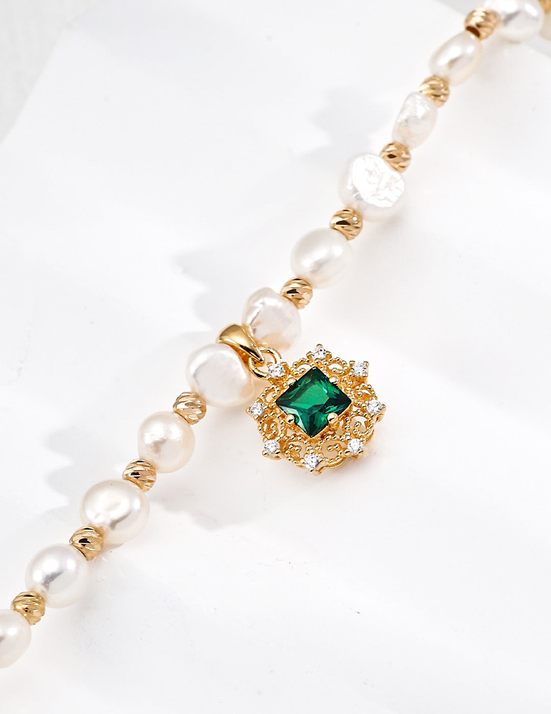 S925 Sterling‑Silver French‑Court‑Style Lace Natural Pearl Bracelet with Green Cubic Zirconia she