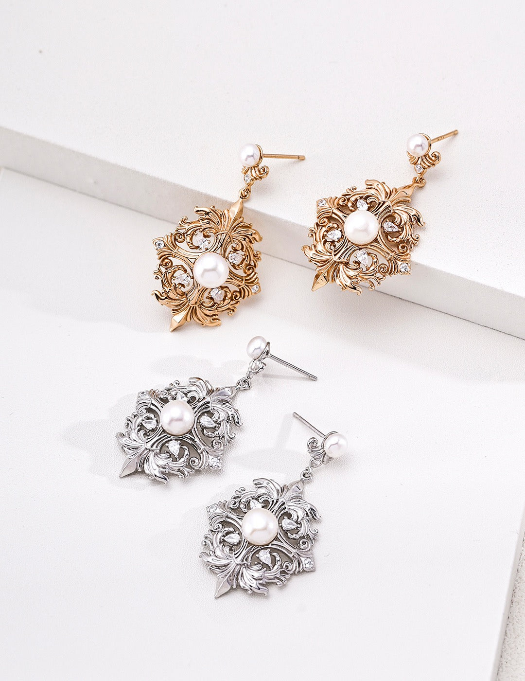 Rococo‑Style Pearl Dangle Earrings, Vintage Carved Ornate Pearl Earrings for Women