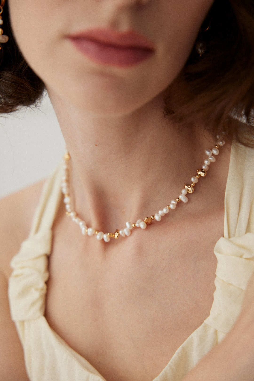 Natural Pearl Gold‑Tone Beaded Necklace, Dainty Layering Choker for Women