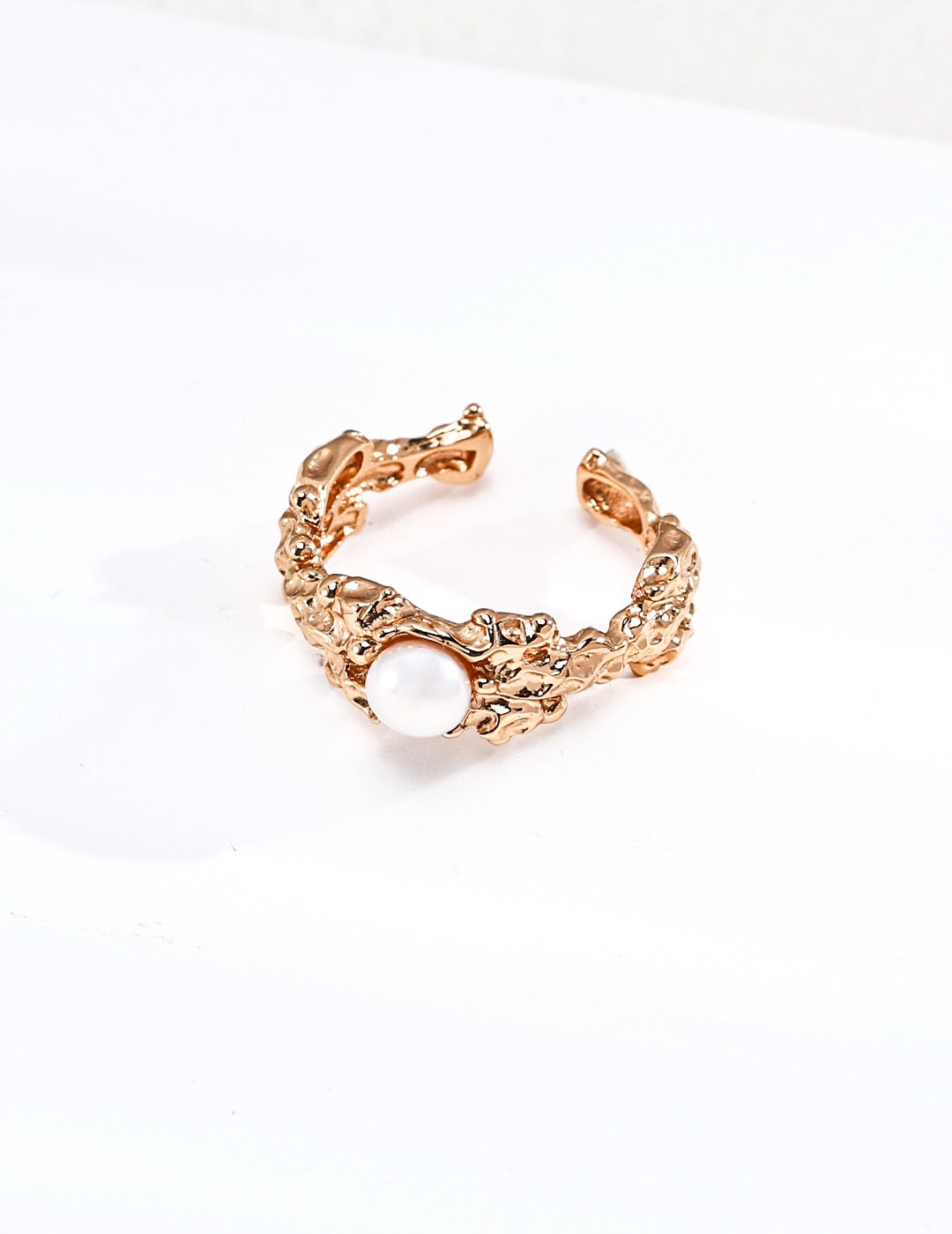 Vintage Gold Tone Carved Lava Texture Mother of Pearl Open Ring, S925 Sterling Silver Adjustable Stackable Statement Ring