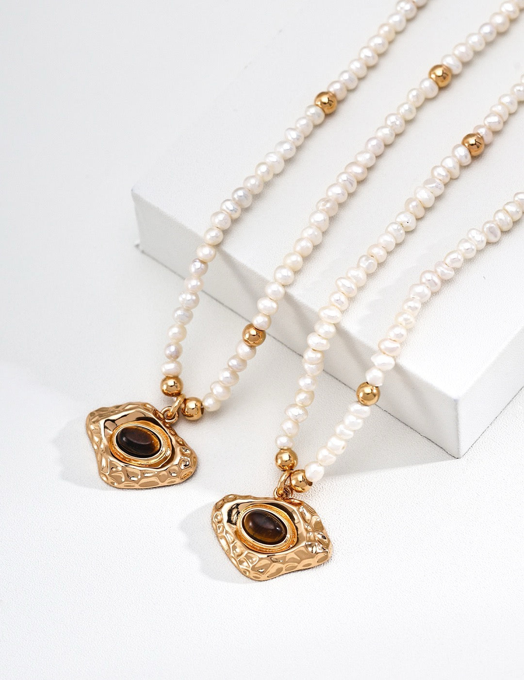 S925 Sterling‑Silver Tiger’s Eye & Natural Pearl Pendant Choker