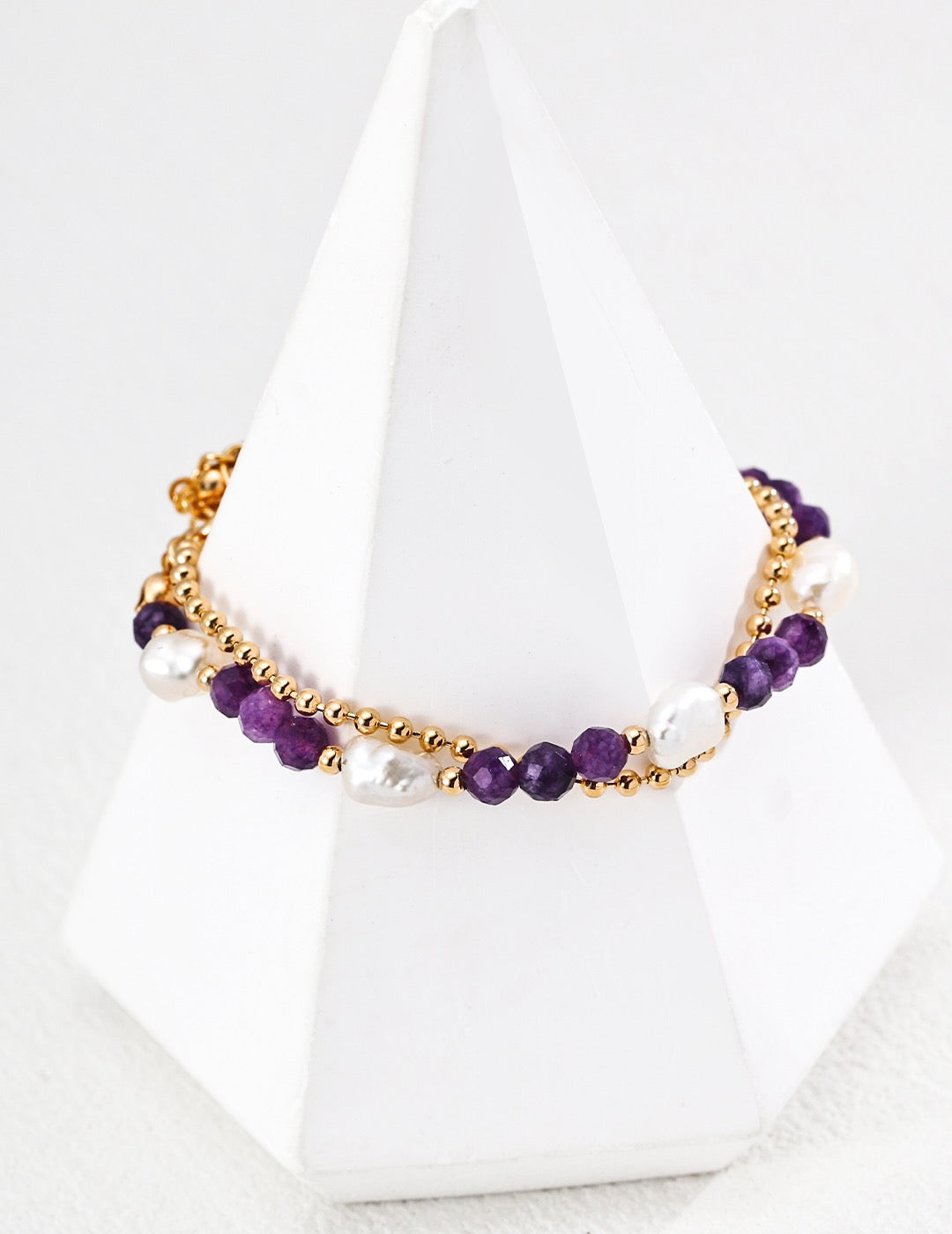 S925 Sterling‑Silver Natural Pearl & Amethyst Beaded Bracelet