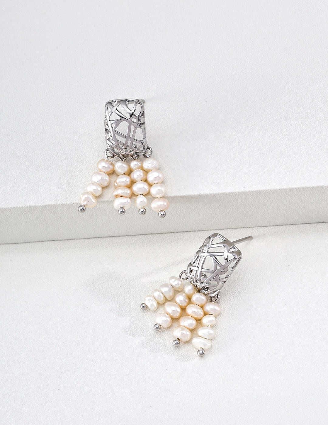S925 Sterling‑Silver Rectangular Mesh Pouch Natural Pearl Drop Earrings