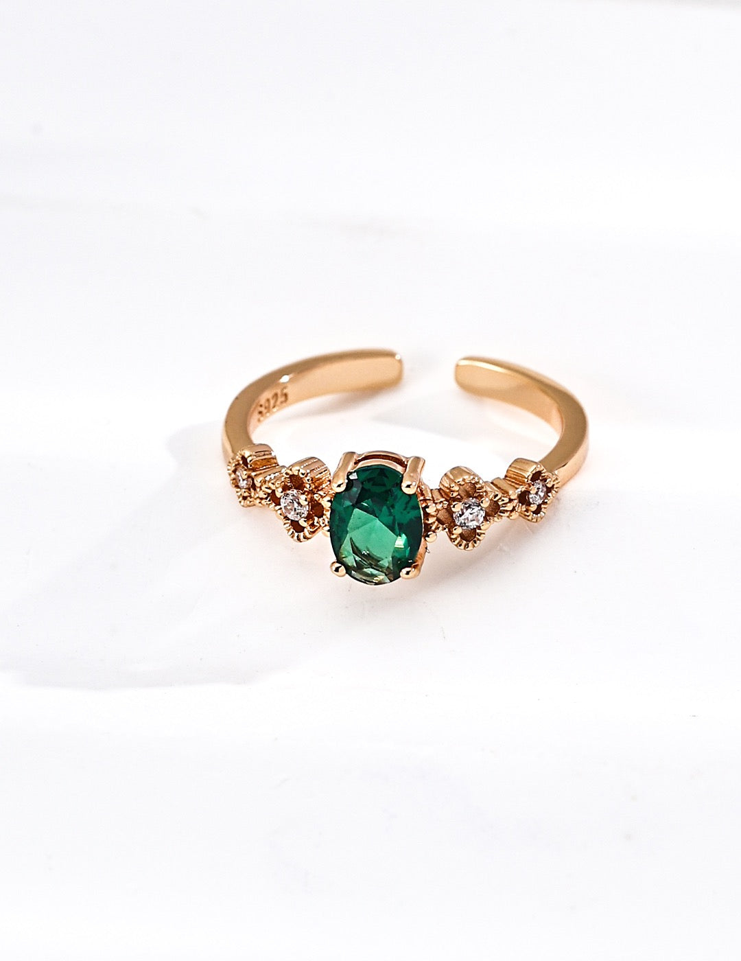 S925 Sterling Silver Green Cubic Zirconia Open Adjustable Ring