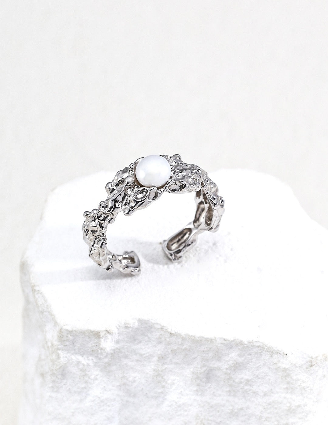 Vintage Gold Tone Carved Lava Texture Mother of Pearl Open Ring, S925 Sterling Silver Adjustable Stackable Statement Ring