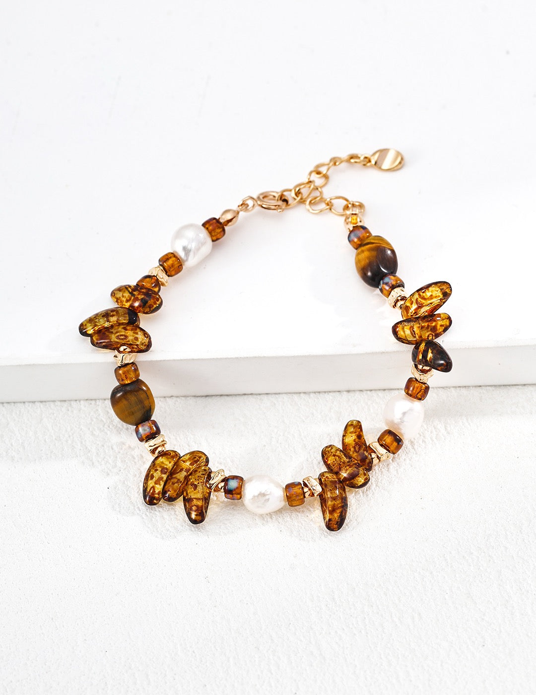 S925 Sterling‑Silver Vintage Bracelet, Natural Pearl, Czech Glass & Tiger’s Eye