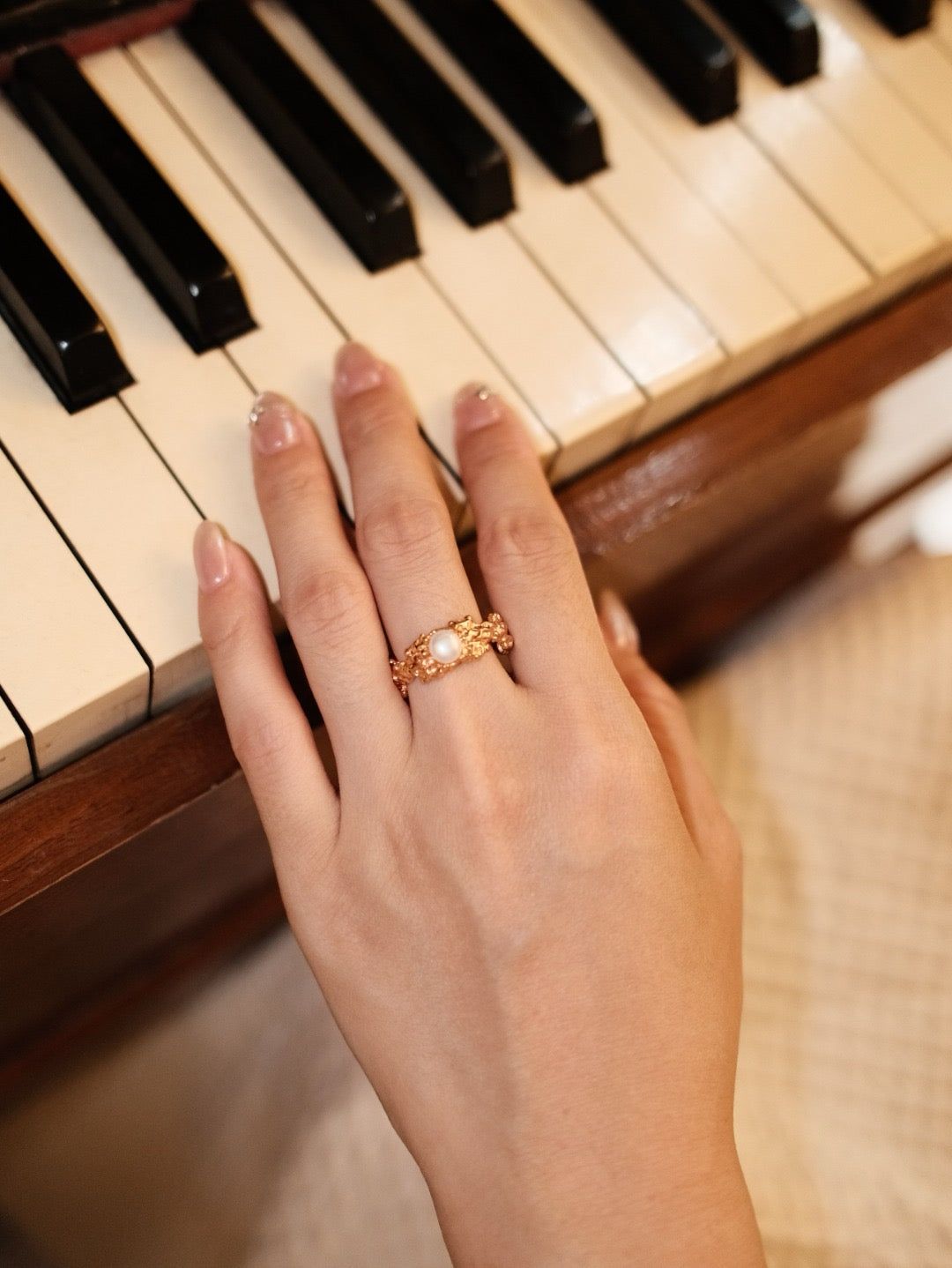 Vintage Gold Tone Carved Lava Texture Mother of Pearl Open Ring, S925 Sterling Silver Adjustable Stackable Statement Ring