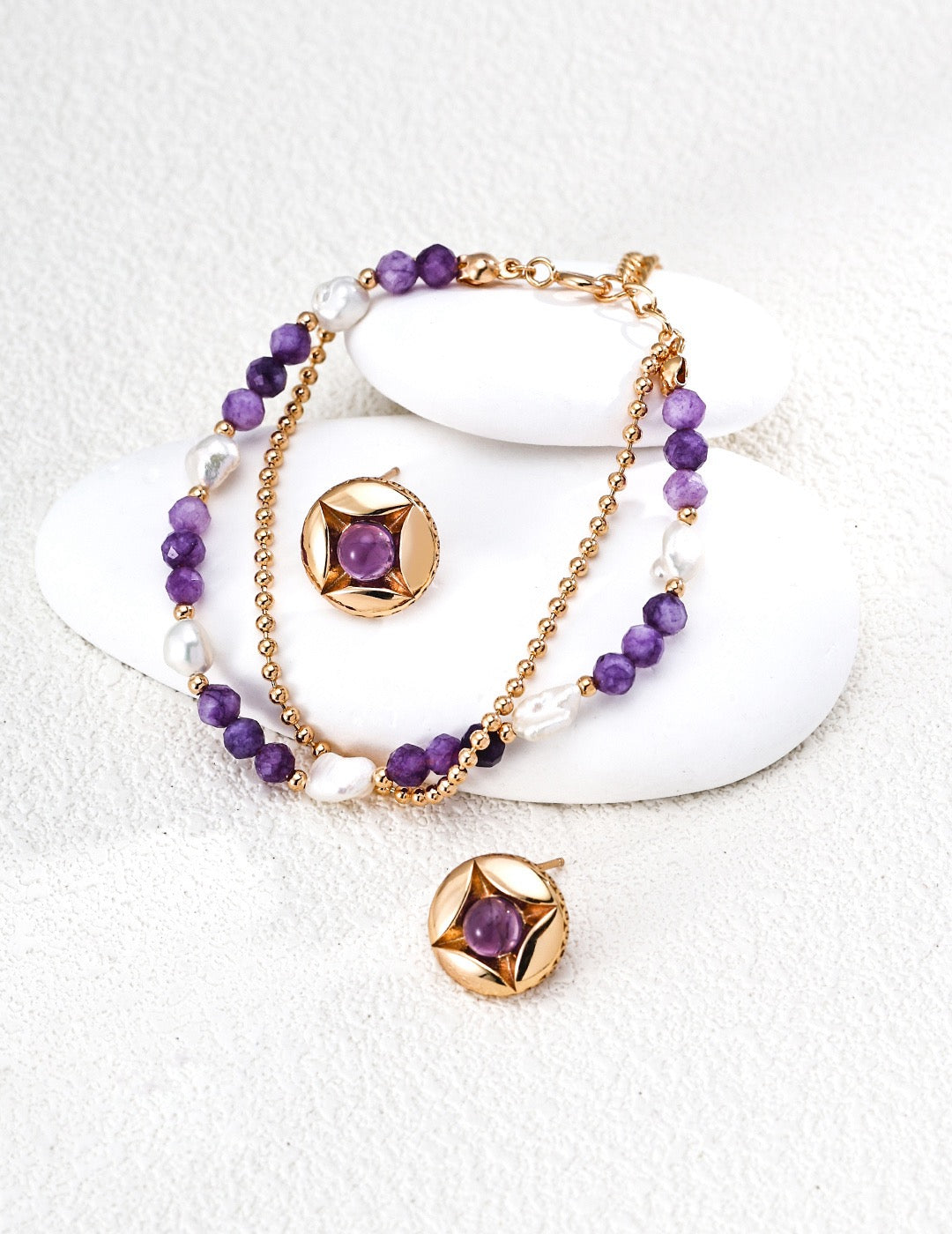 Vintage Four Pointed Star Amethyst Stud Earrings, Gold Plated Solid S925 Silver, Retro Round Gemstone Studs