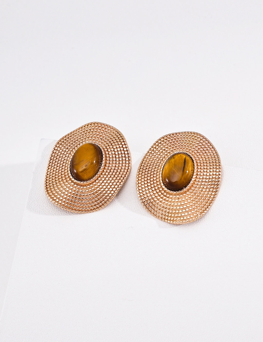 S925 Sterling‑Silver Tiger’s eye & Mother‑of‑Pearl Earrings, Vintage Beaded Straw‑Hat Texture, Vintage Gold & Platinum‑Tone