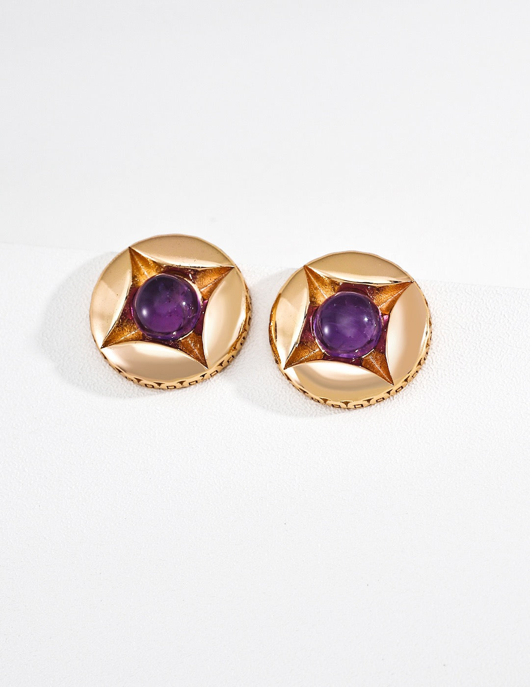 Vintage Four Pointed Star Amethyst Stud Earrings, Gold Plated Solid S925 Silver, Retro Round Gemstone Studs