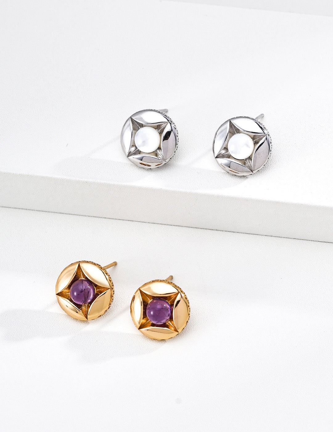 Vintage Four Pointed Star Amethyst Stud Earrings, Gold Plated Solid S925 Silver, Retro Round Gemstone Studs