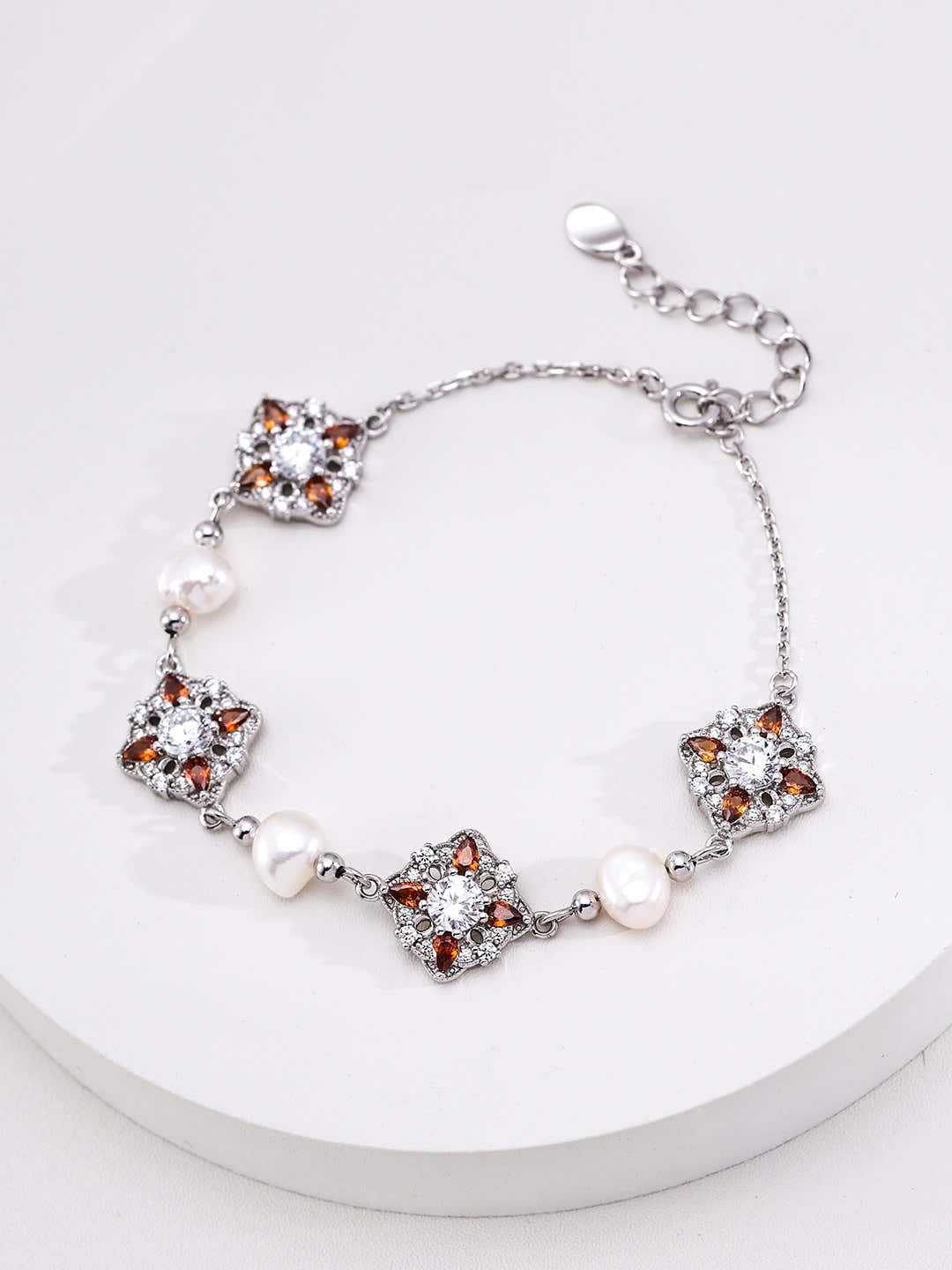 S925 Sterling‑Silver Treasure‑Blossom Cluster Pearl Bracelet, Garnet‑Red Cubic Zirconia