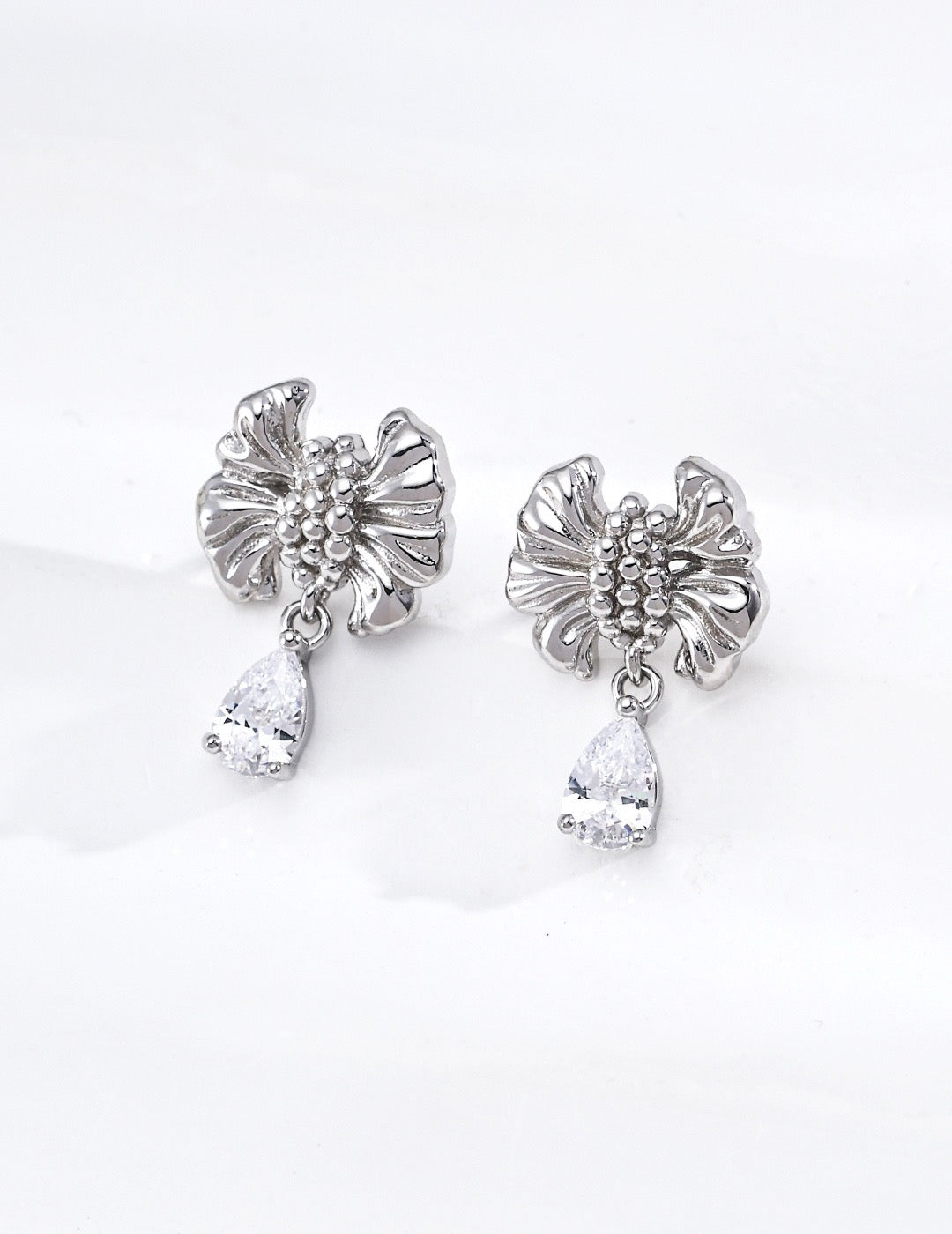 S925 Sterling‑Silver Vintage Textured Bow Drop Earrings with Teardrop Synthetic Cubic Zirconia