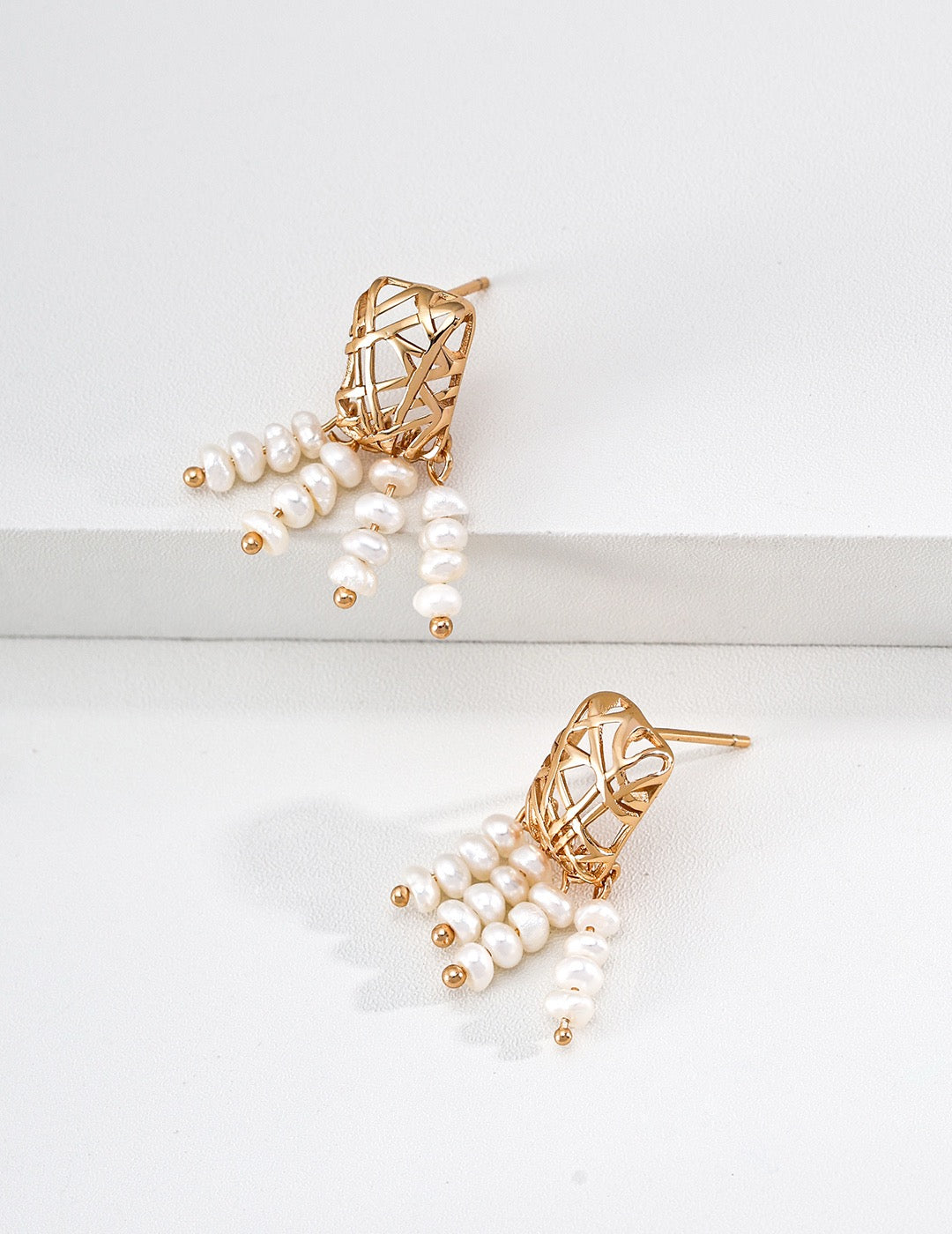 S925 Sterling‑Silver Rectangular Mesh Pouch Natural Pearl Drop Earrings