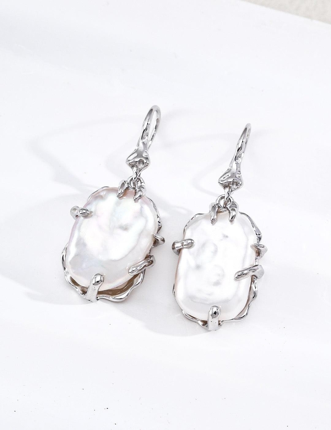 Dainty Fluid Lava Design Natural Baroque Pearl Drop Earrings, S925 Silver Hooks