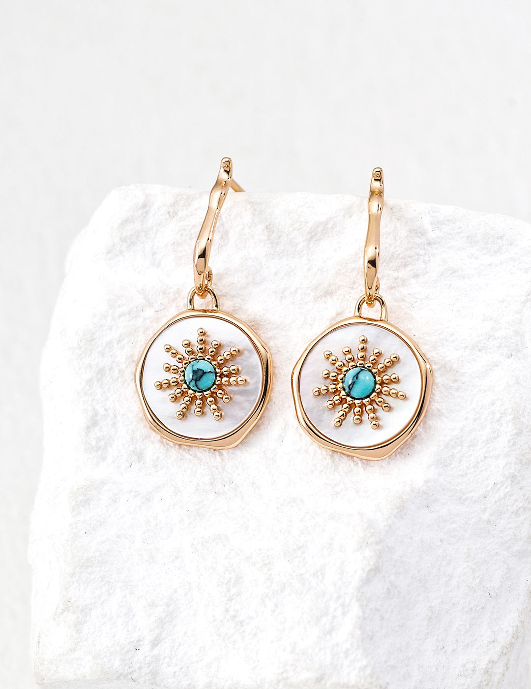 S925 Sterling Silver Stylish White Mother of Pearl & Turquoise Earrings