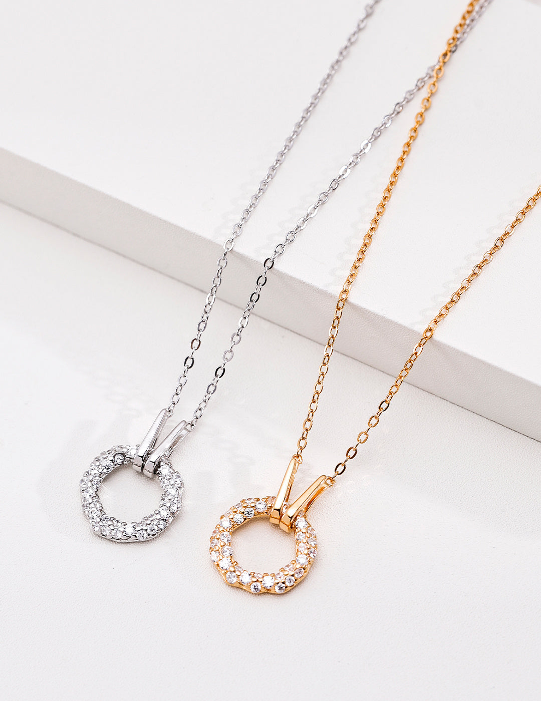 Hollow Circle CZ Pendant Necklace, Silver Tone / Vintage Gold, Minimalist Dainty Jewelry