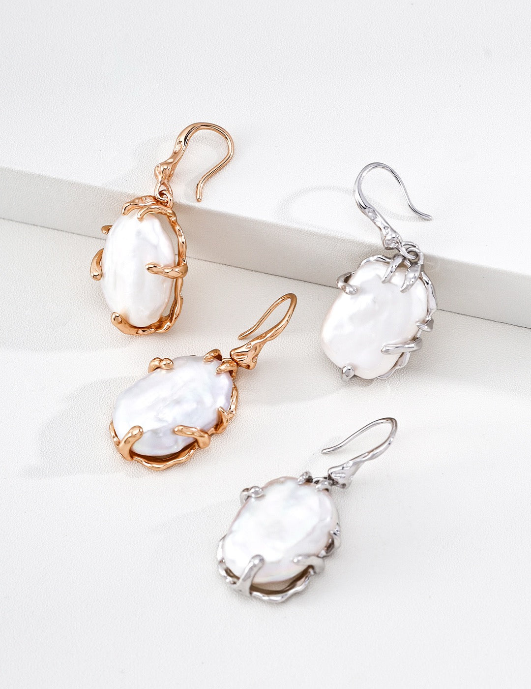 Dainty Fluid Lava Design Natural Baroque Pearl Drop Earrings, S925 Silver Hooks