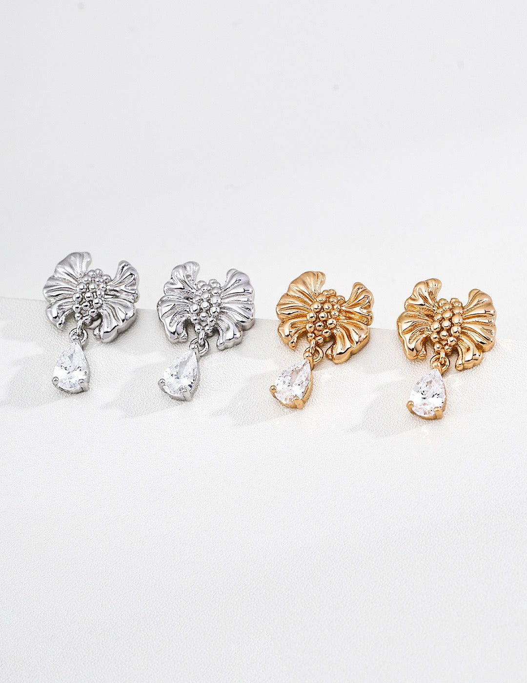 S925 Sterling‑Silver Vintage Textured Bow Drop Earrings with Teardrop Synthetic Cubic Zirconia