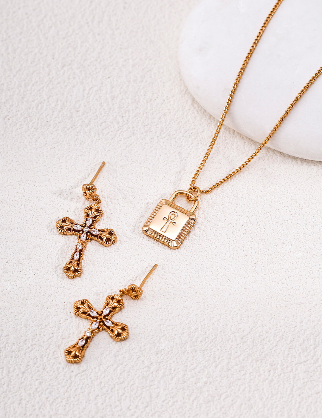 S925 Sterling‑Silver Gothic Tracery Cross Drop Earrings