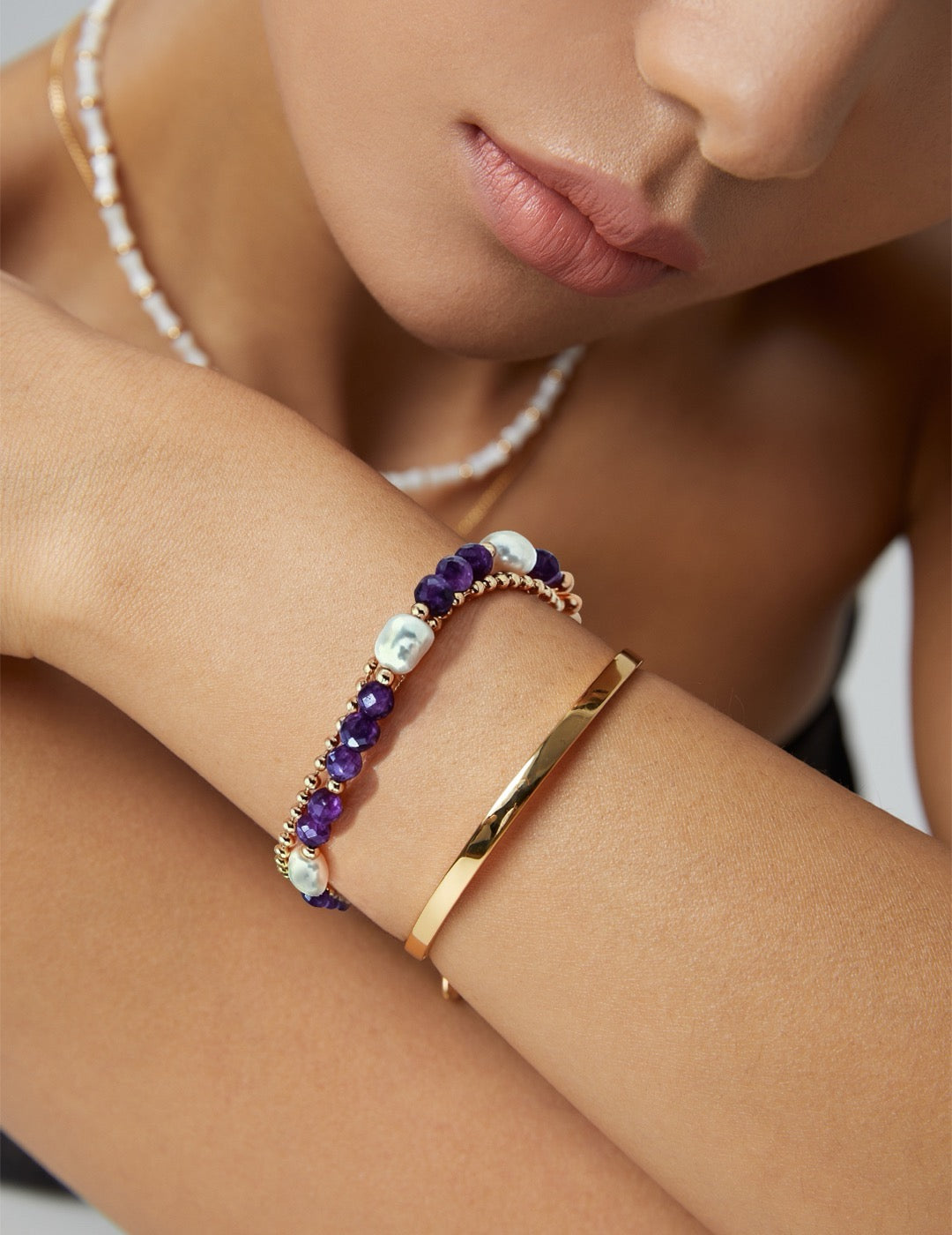 S925 Sterling‑Silver Natural Pearl & Amethyst Beaded Bracelet