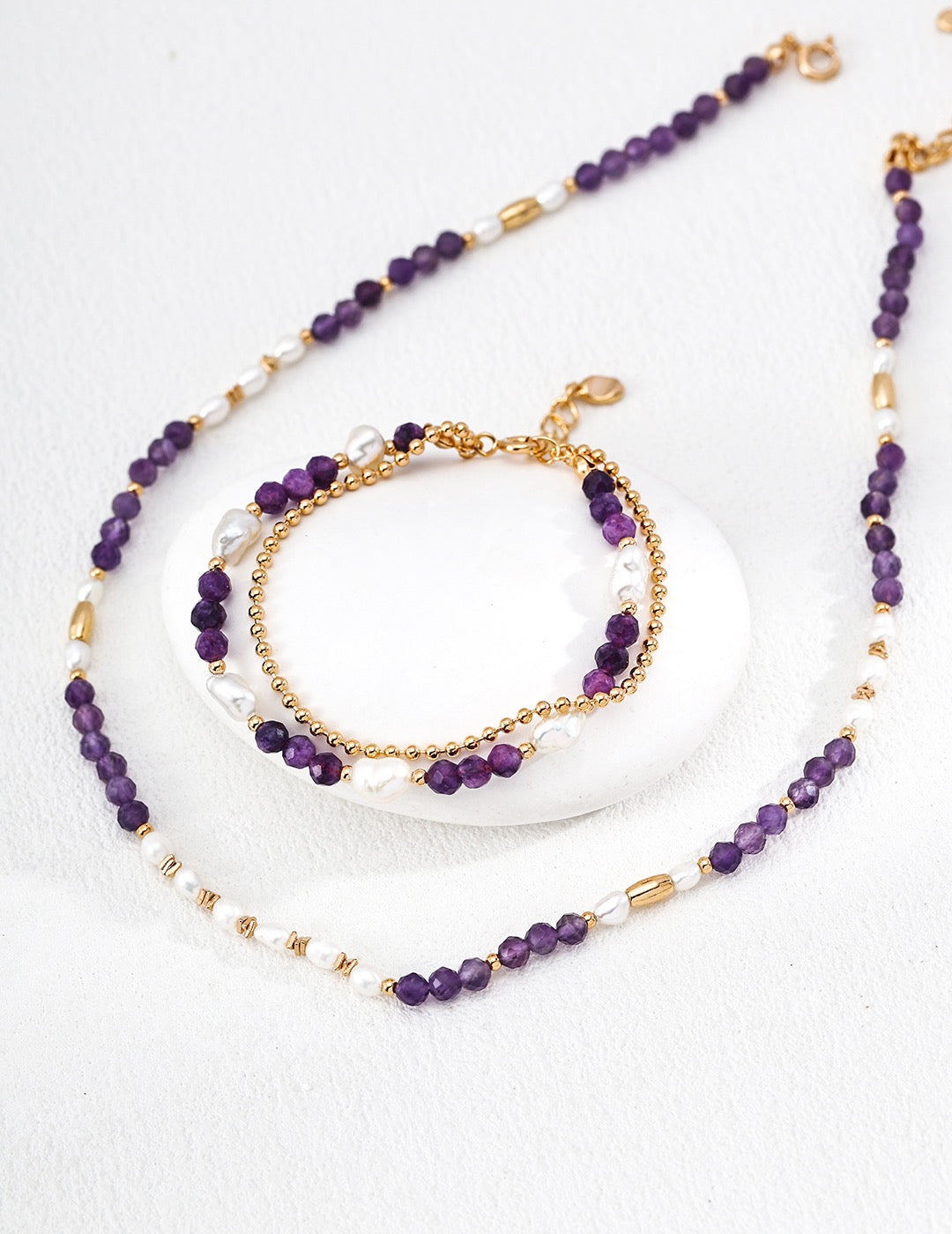 S925 Sterling‑Silver Natural Pearl & Amethyst Beaded Bracelet