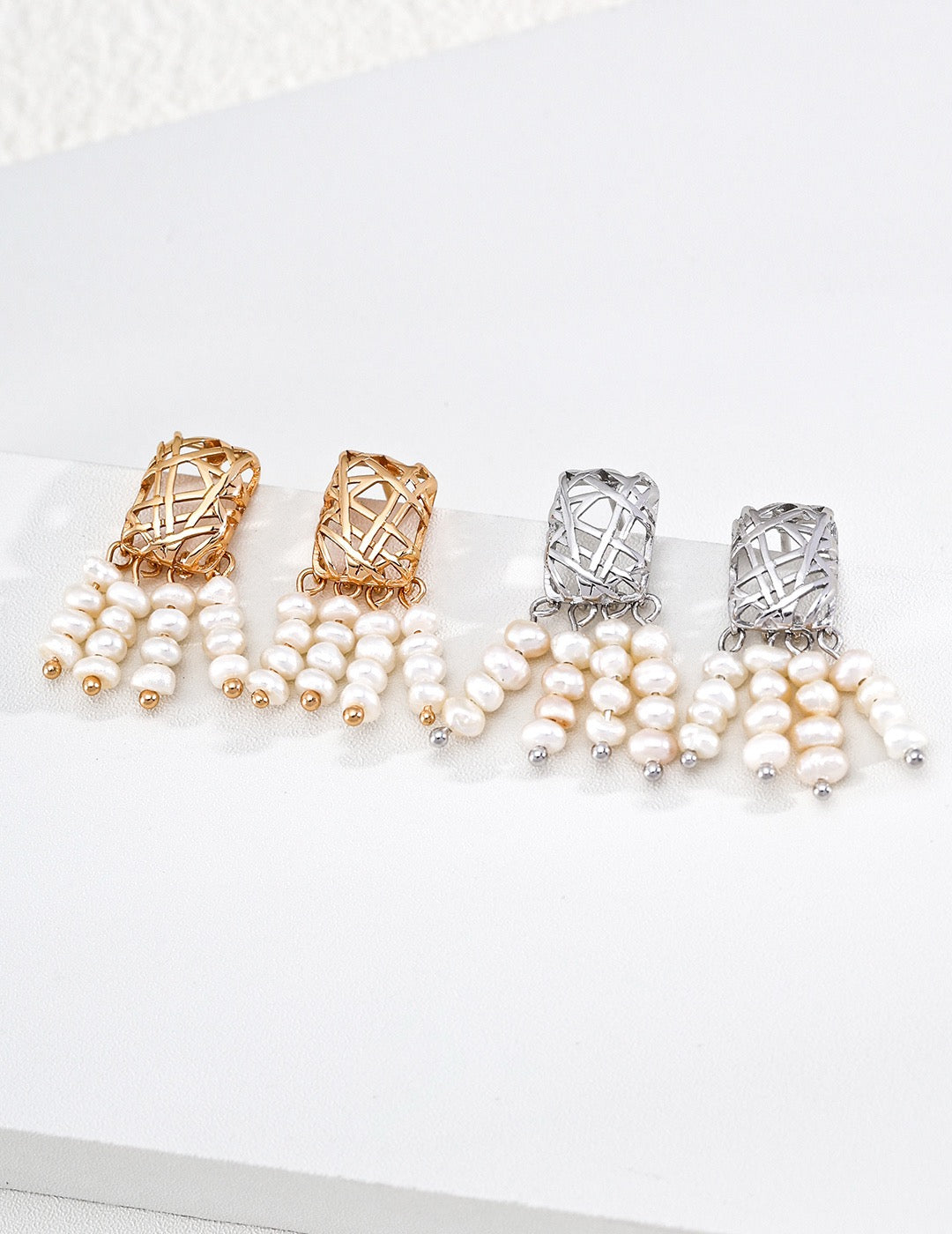 S925 Sterling‑Silver Rectangular Mesh Pouch Natural Pearl Drop Earrings