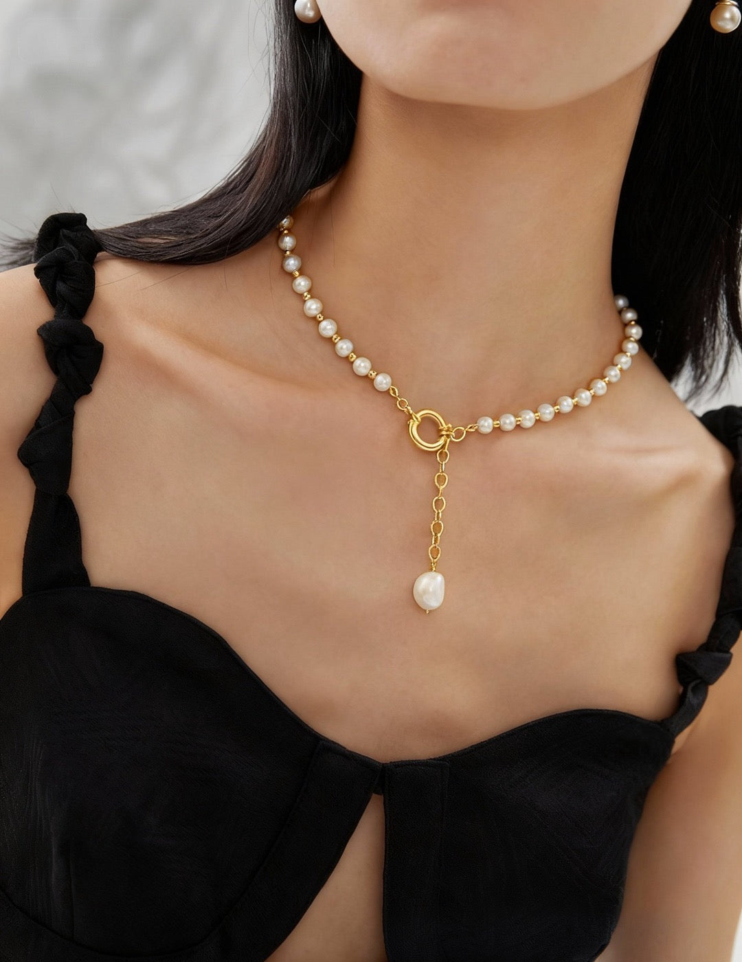 S925 Silver Pearl Reset Series Gold‑Bead Spaced Pearl Choker Necklace