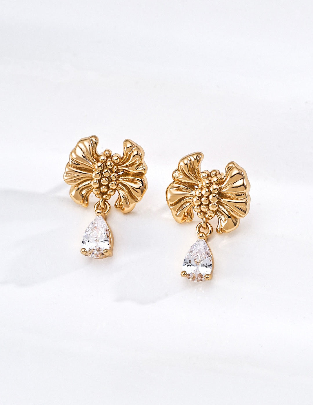 S925 Sterling‑Silver Vintage Textured Bow Drop Earrings with Teardrop Synthetic Cubic Zirconia