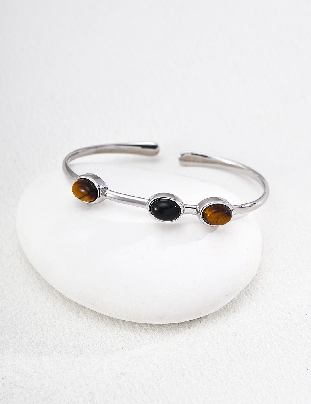 S925 Sterling‑Silver Tiger’s Eye & White Shell Spliced Bracelet