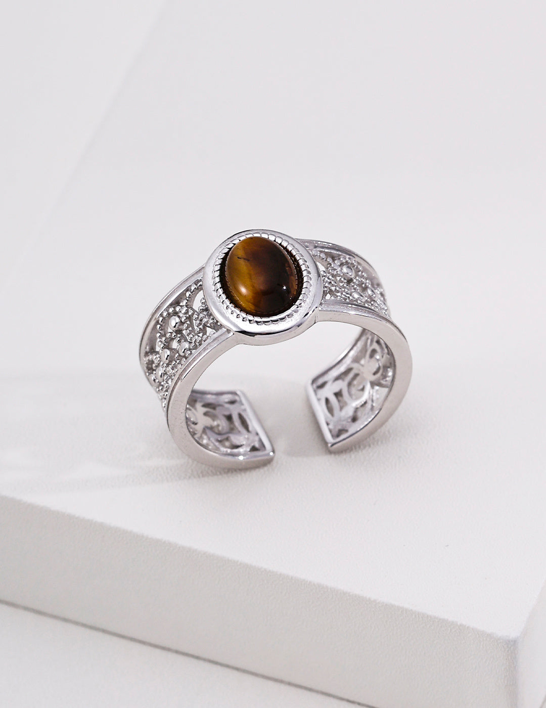 Boho Retro Tiger's Eye Adjustable Ring, S925 Sterling Silver