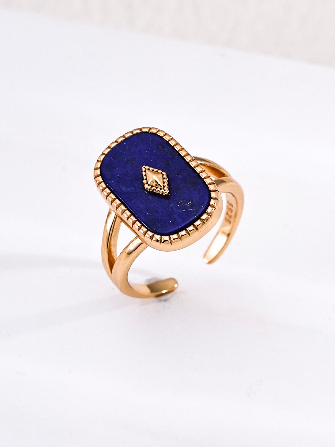 Vintage Rectangular Signet Ring Natural Lapis Lazuli White Shell Inlay Tiny Accent Open Adjustable Stackable Jewelry