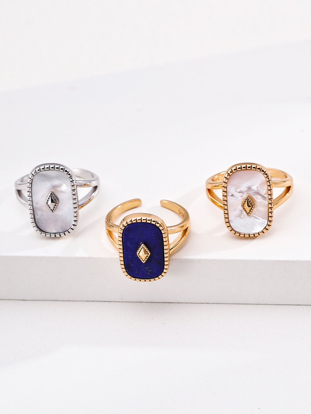 Vintage Rectangular Signet Ring Natural Lapis Lazuli White Shell Inlay Tiny Accent Open Adjustable Stackable Jewelry
