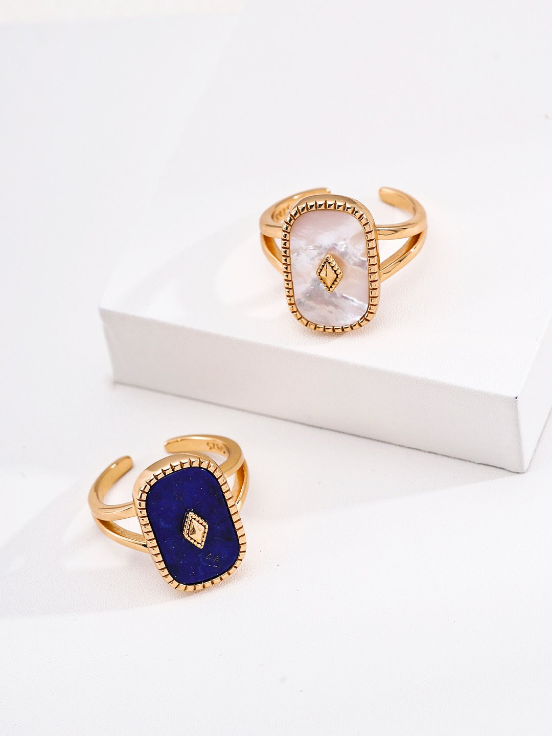 Vintage Rectangular Signet Ring Natural Lapis Lazuli White Shell Inlay Tiny Accent Open Adjustable Stackable Jewelry