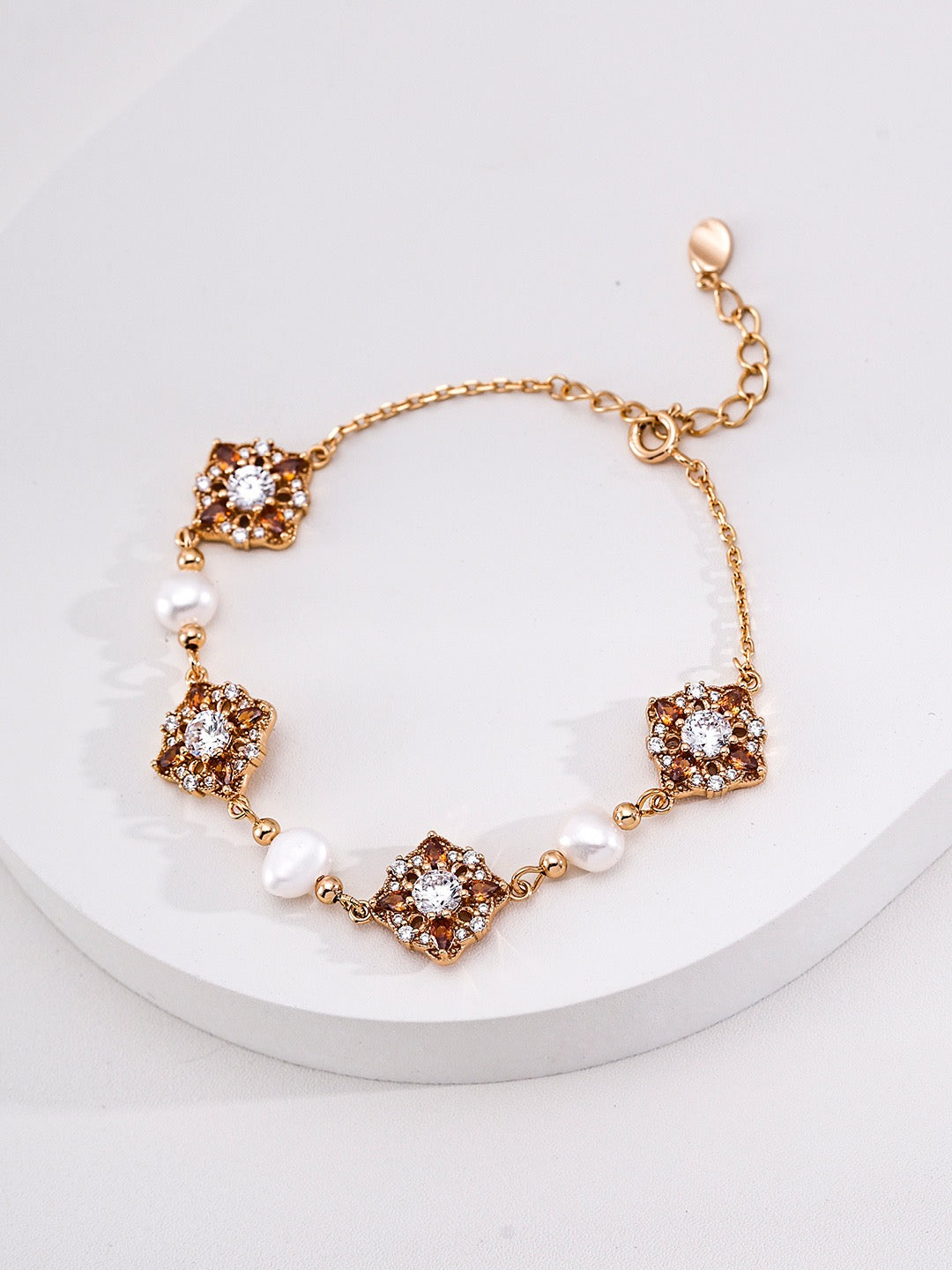 Vintage Treasure Flower Bracelet with Garnet CZ & Pearls